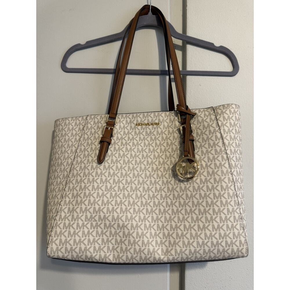 MICHAEL KORS CHARLOTTE LG 3 IN 1 TOTE SHOULDER BAG + CLUTCH MK VANILLA/BROWN